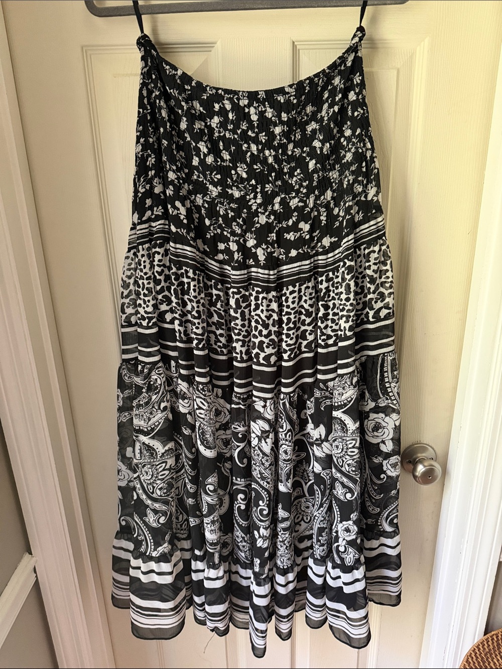 White House Black Market Black and White Mixed-Print Tiered Maxi Skirt - Picture 2 of 2